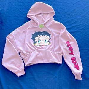 Betty Boop Hoodie Crop Top Cotton Ribbed Pink Size Medium